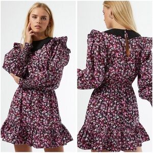 Miss Selfridge Petite Long Sleeve Floral Ruffle Hem Black Pink Mini Dress Size 6